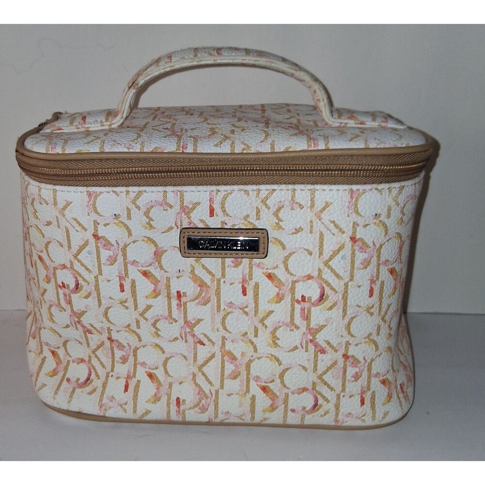 Calvin Klein Beige Monogram Cosmetic Train Case with Tan Trim